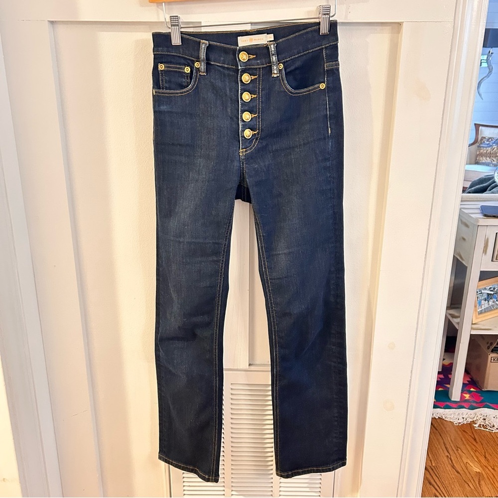 Tory Burch Dark Blue Jeans with Gold Buttons straight slim button fly size 24